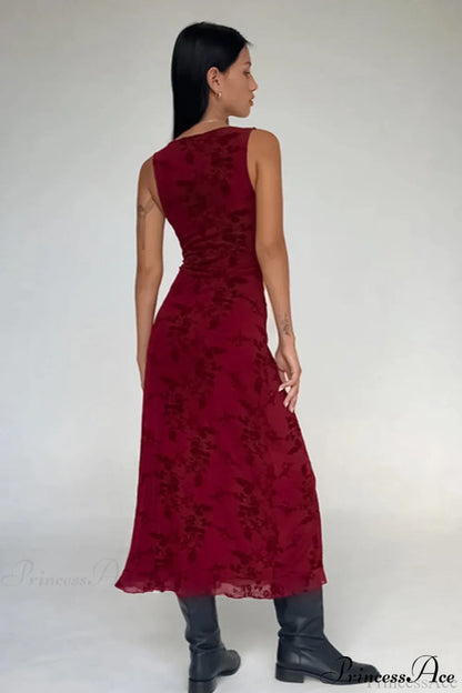 Floral Print V-Neck Sleeveless Fitted Party Dress