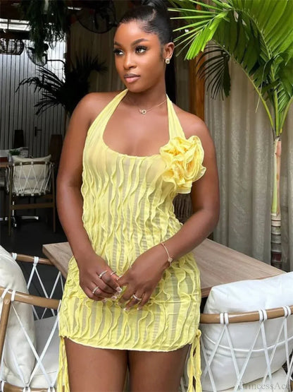 Halter Neck Lettuce Edge Tiered Ruffle Rosette Applique Sheer Mesh Mini Dress