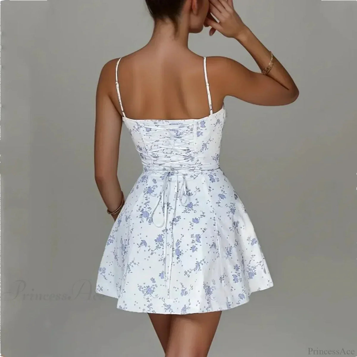 Ditsy Floral Print Tie Front Ruched Corset A Line Mini Dress