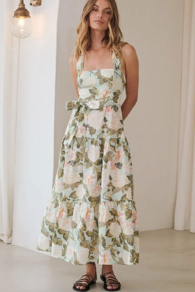 Floral Print Square Neck Bow Tie Smocked Tiered Midi Dress