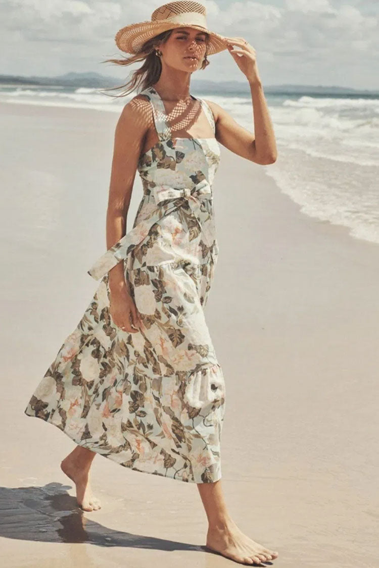 Floral Print Square Neck Bow Tie Smocked Tiered Midi Dress