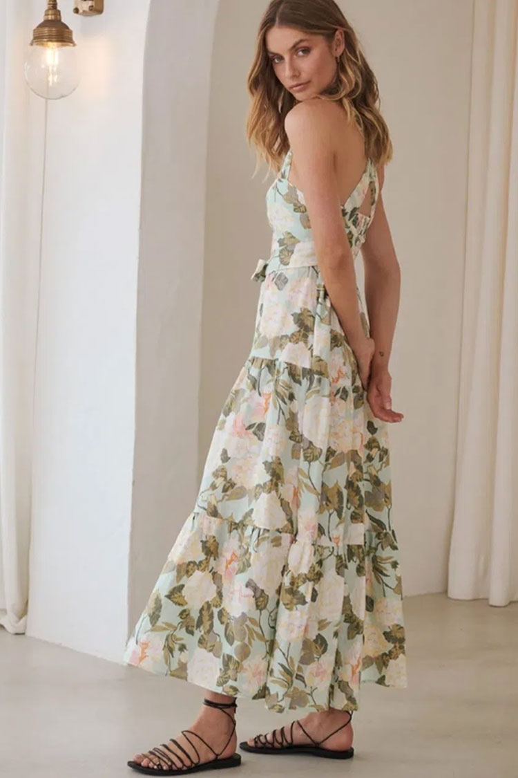Floral Print Square Neck Bow Tie Smocked Tiered Midi Dress