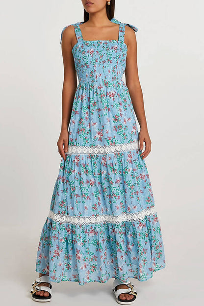 Ditsy Floral Smocked Tie Shoulder Tiered Lace Trim Maxi Dress