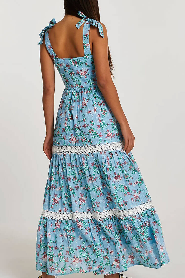 Ditsy Floral Smocked Tie Shoulder Tiered Lace Trim Maxi Dress