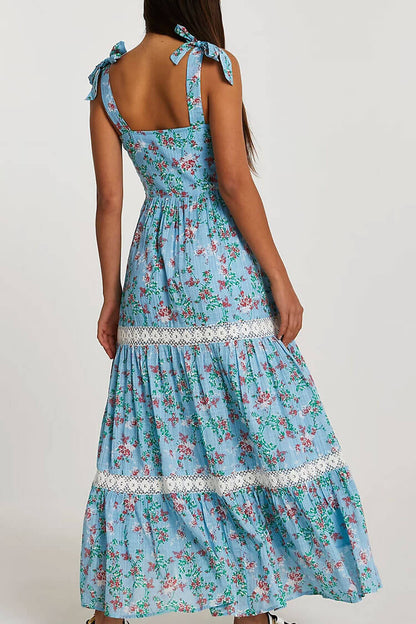 Ditsy Floral Smocked Tie Shoulder Tiered Lace Trim Maxi Dress