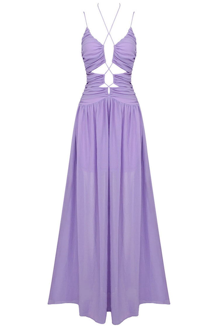 Deep V-Neck Ruched Side Cutout Spaghetti Strap Wide-Leg Jumpsuit