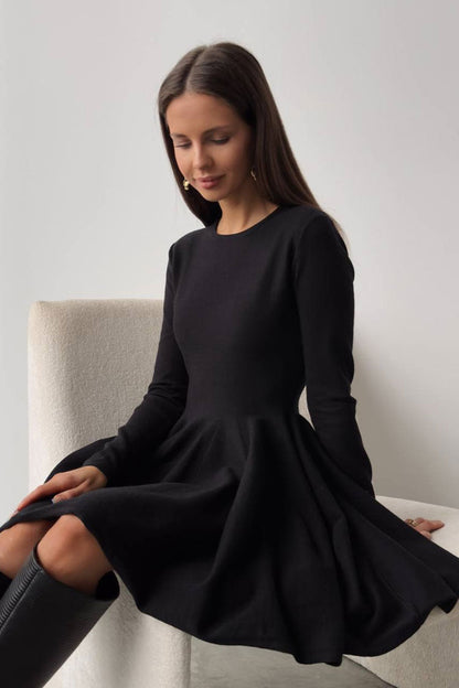 Crew Neck Long Sleeve Rib Knit Fit and Flare Sweater Mini Dress