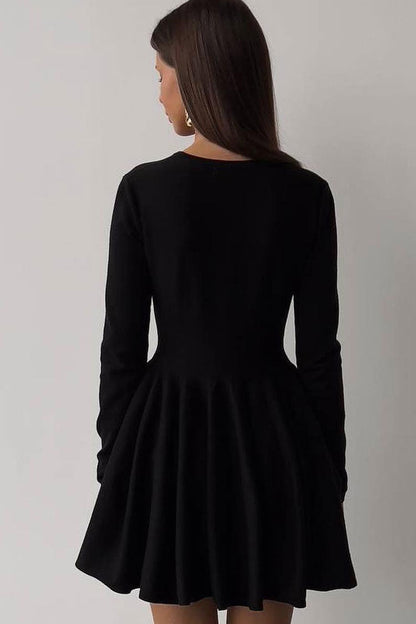 Crew Neck Long Sleeve Rib Knit Fit and Flare Sweater Mini Dress
