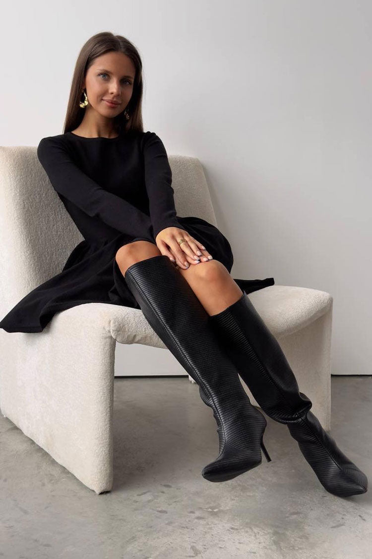Crew Neck Long Sleeve Rib Knit Fit and Flare Sweater Mini Dress