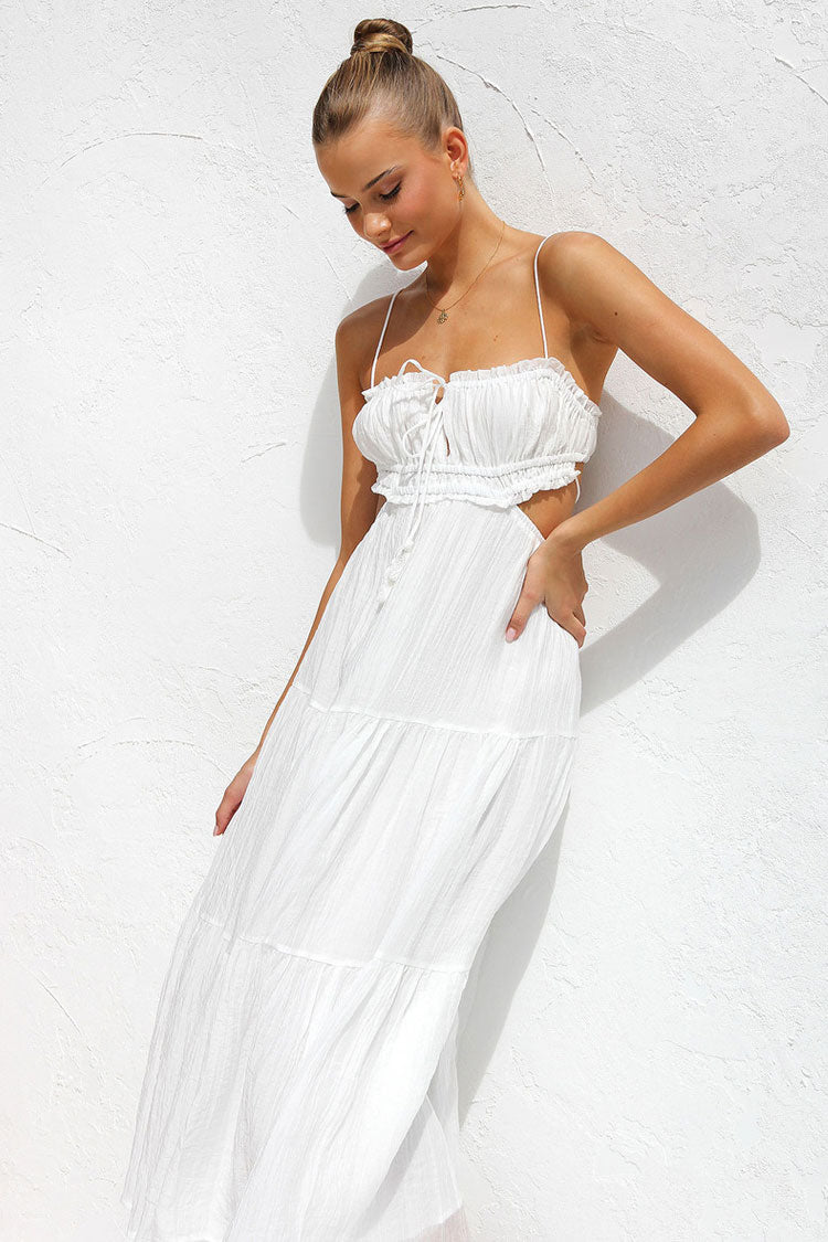 Tie Neck Ruffle Tier Side Cut Out Ruched Tiered Midi Dress