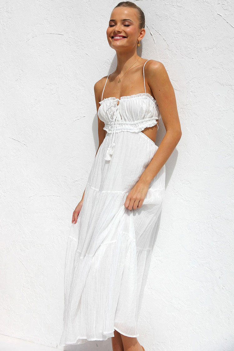 Tie Neck Ruffle Tier Side Cut Out Ruched Tiered Midi Dress