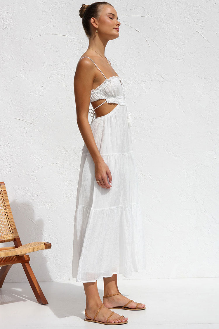 Tie Neck Ruffle Tier Side Cut Out Ruched Tiered Midi Dress