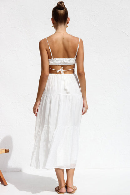 Tie Neck Ruffle Tier Side Cut Out Ruched Tiered Midi Dress