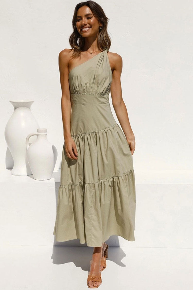 One Shoulder Gathered Waistband Tiered Midi Dress