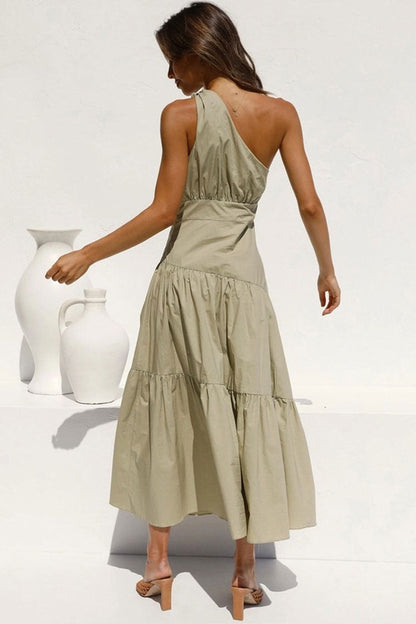 One Shoulder Gathered Waistband Tiered Midi Dress