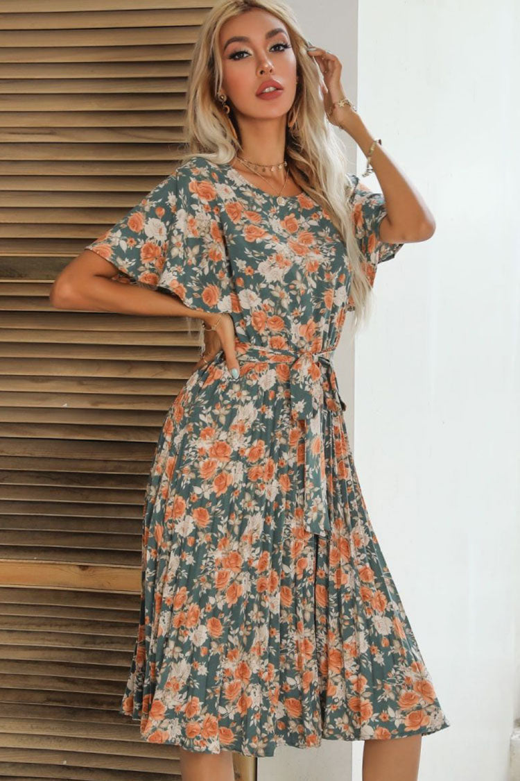 Floral Print Flutter Sleeve Tie Waist Tiered Hem Midi Dress