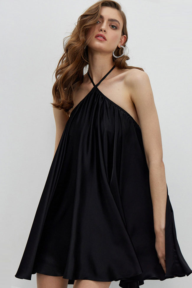 Criss Cross Halter Neck Satin Gathered Babydoll A-Line Mini Dress
