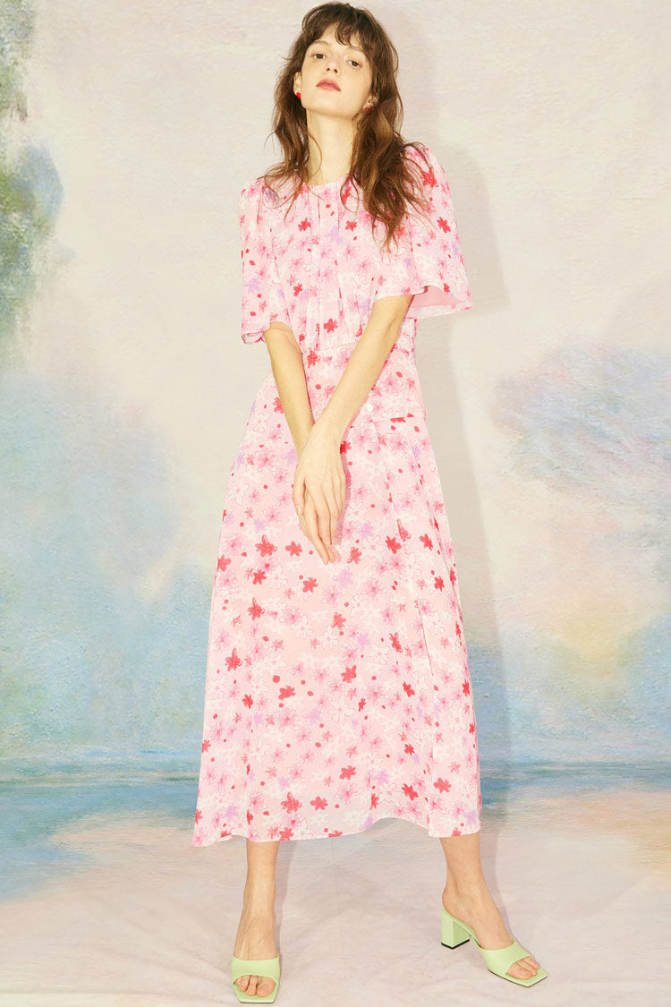 Crew Neck Pleated Bodice Flutter Sleeve Button Front Slit Midi Dress