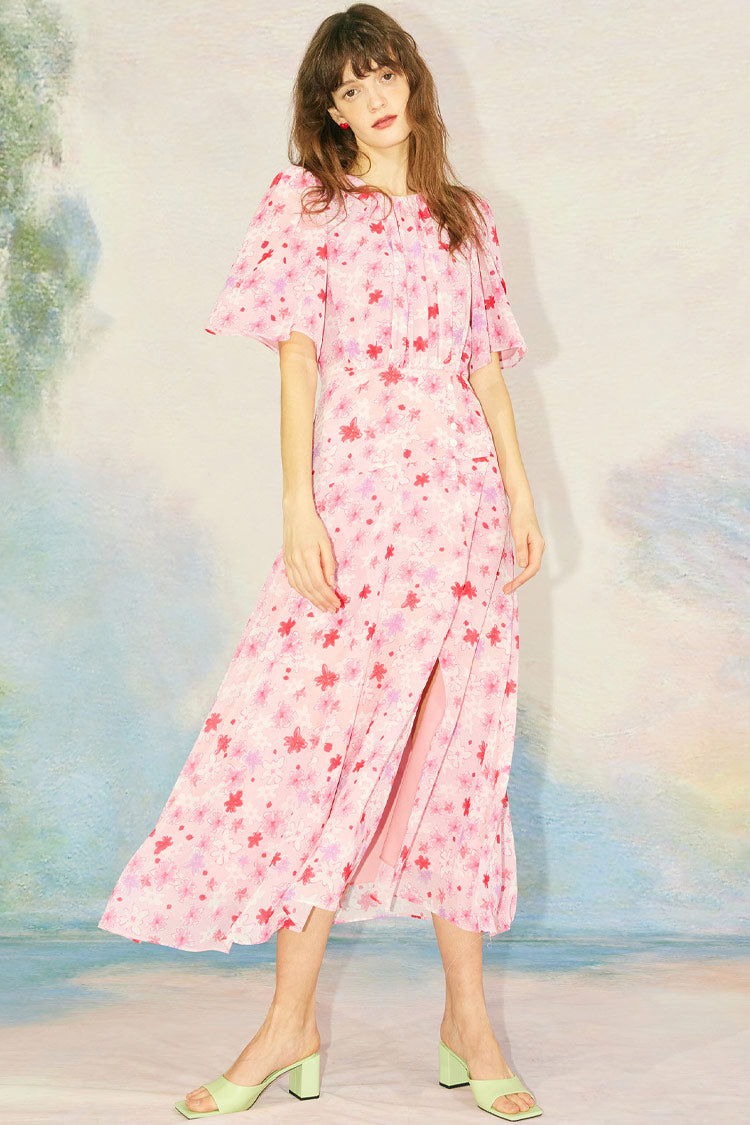 Crew Neck Pleated Bodice Flutter Sleeve Button Front Slit Midi Dress