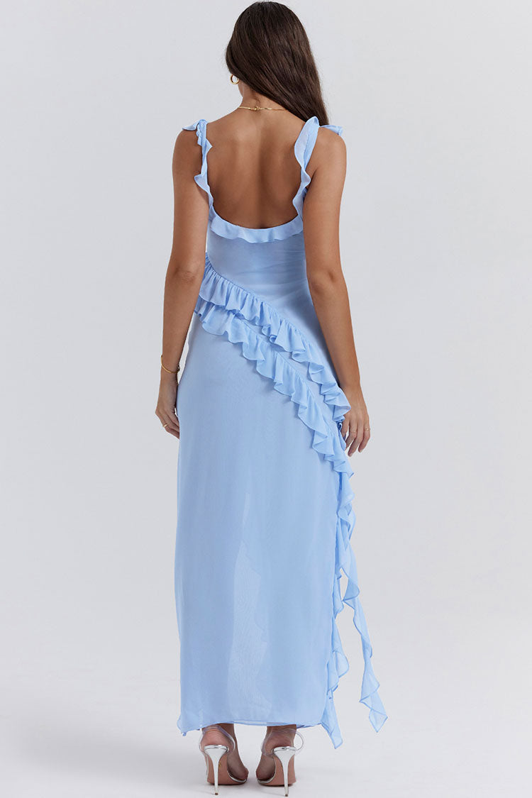 Sweetheart Ruffle Strap High Split Draped Ruffle Trim Maxi Dress