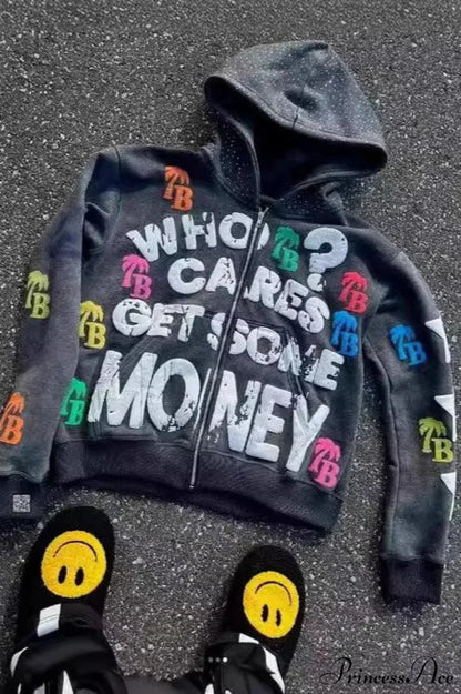 Foam Letter Print Hip-Hop Zip Hoodie