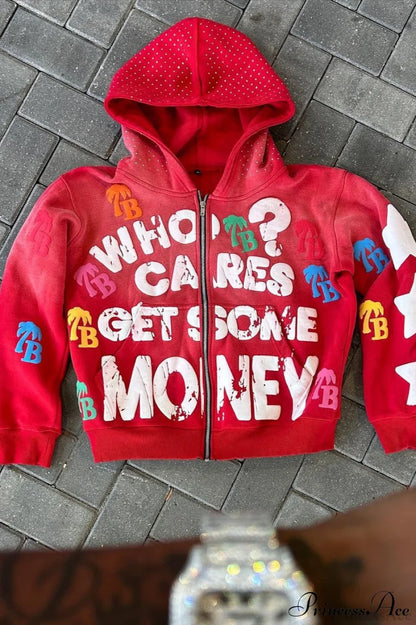Foam Letter Print Hip-Hop Zip Hoodie