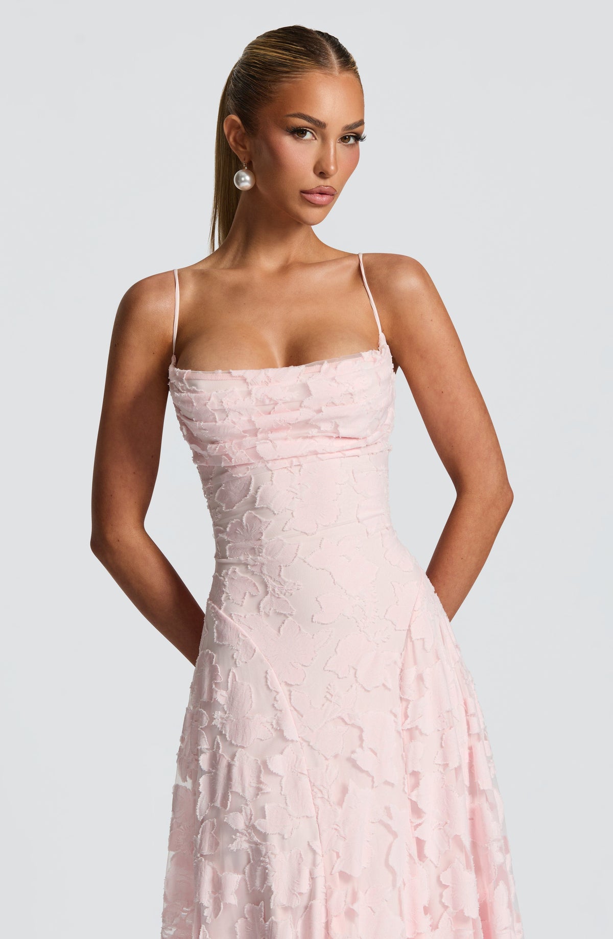 Spaghetti Strap Square Neck Floral Burnout A-Line Floor-Length Gown