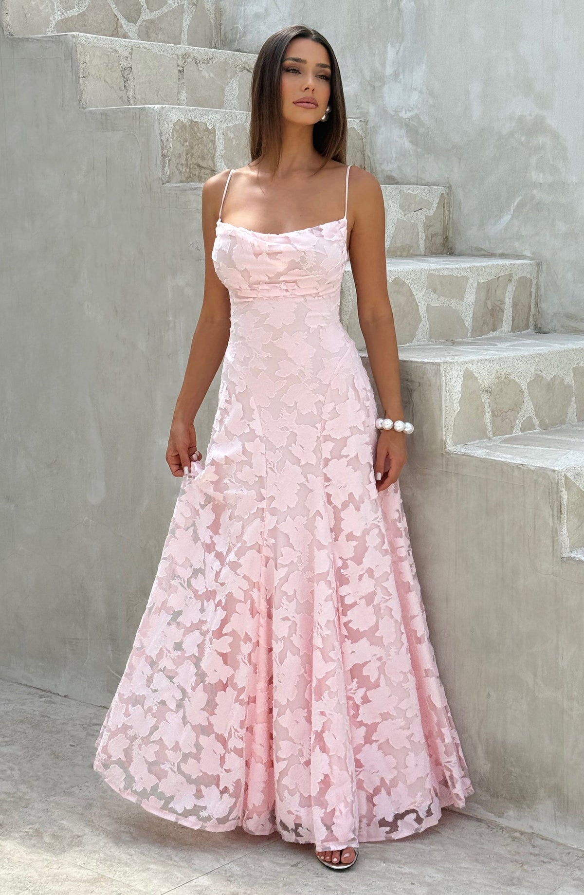 Spaghetti Strap Square Neck Floral Burnout A-Line Floor-Length Gown