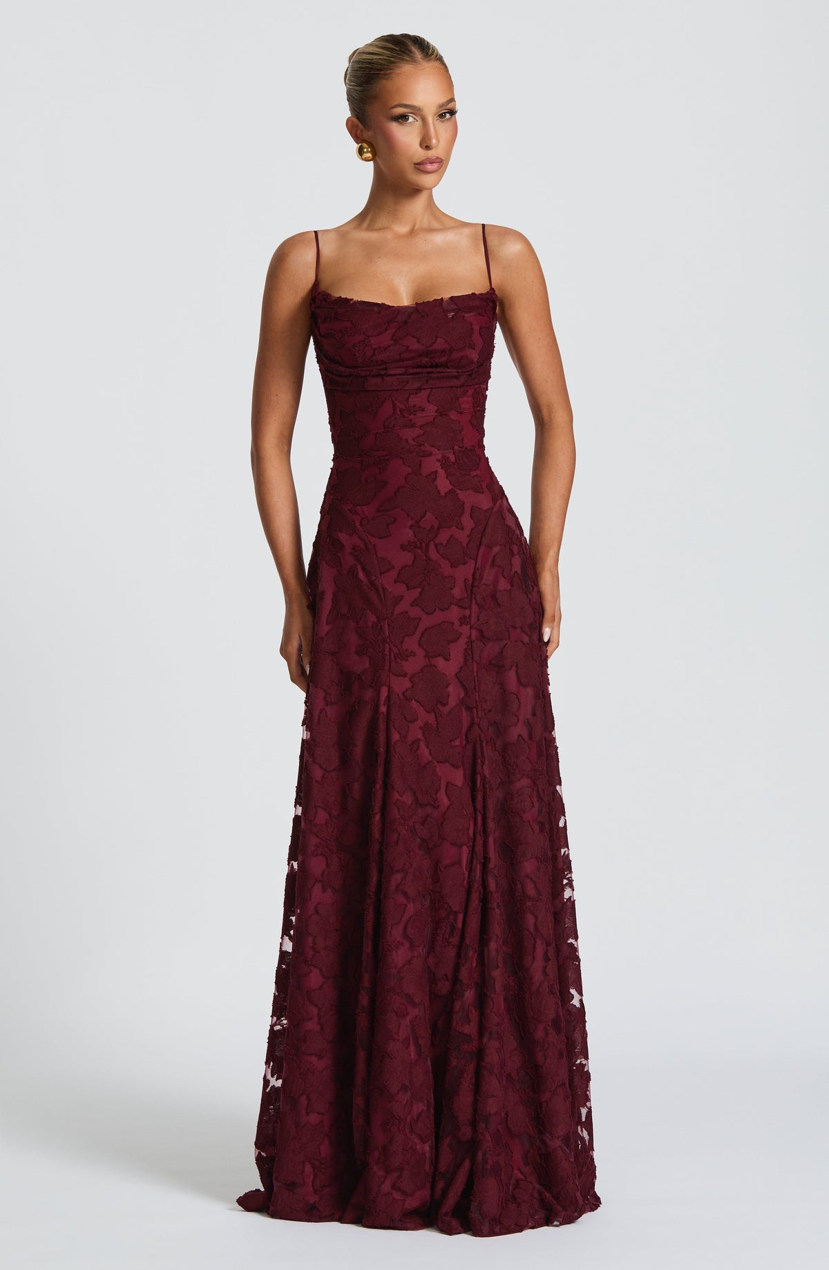 Spaghetti Strap Square Neck Floral Burnout A-Line Floor-Length Gown