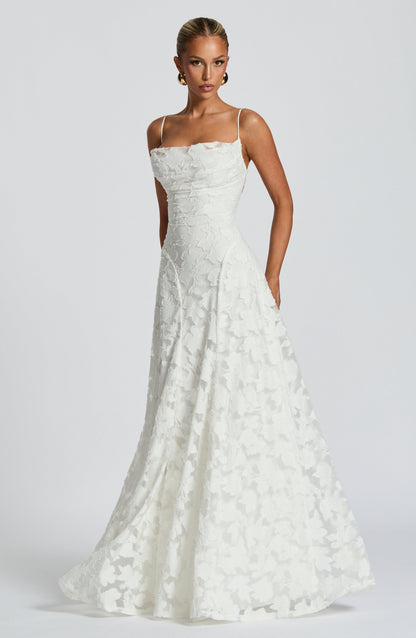 Spaghetti Strap Square Neck Floral Burnout A-Line Floor-Length Gown