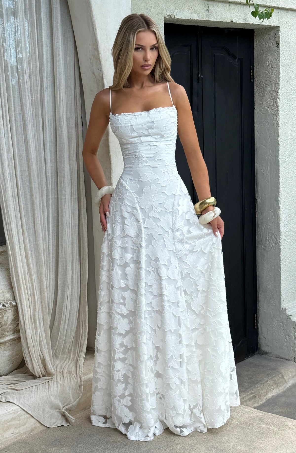 Spaghetti Strap Square Neck Floral Burnout A-Line Floor-Length Gown
