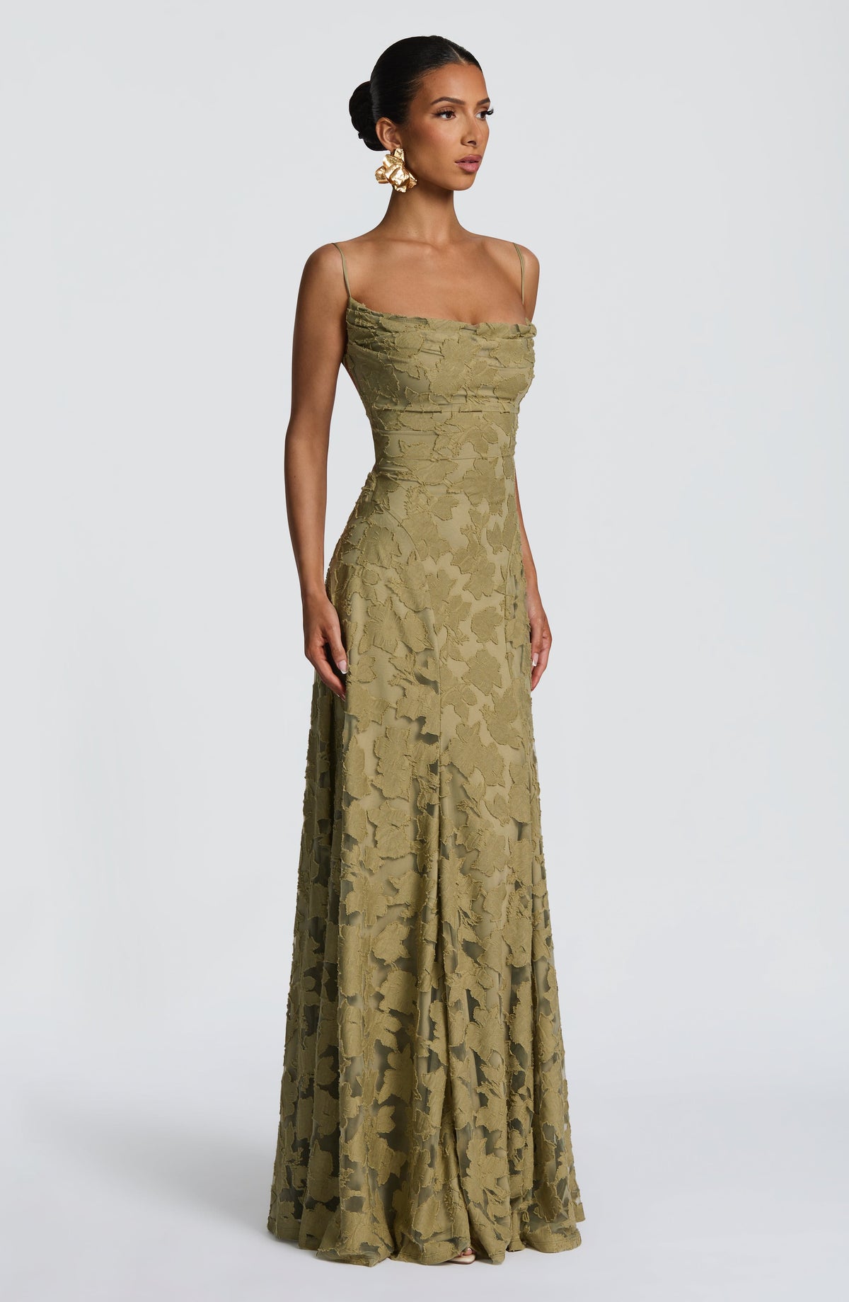 Spaghetti Strap Square Neck Floral Burnout A-Line Floor-Length Gown
