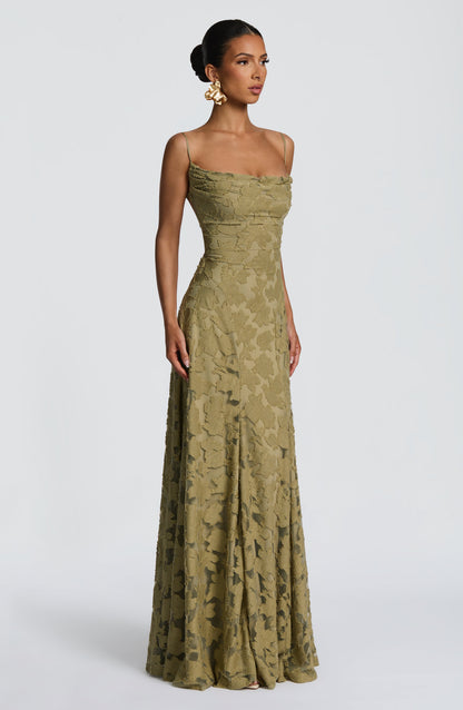 Spaghetti Strap Square Neck Floral Burnout A-Line Floor-Length Gown