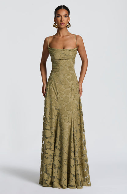 Spaghetti Strap Square Neck Floral Burnout A-Line Floor-Length Gown