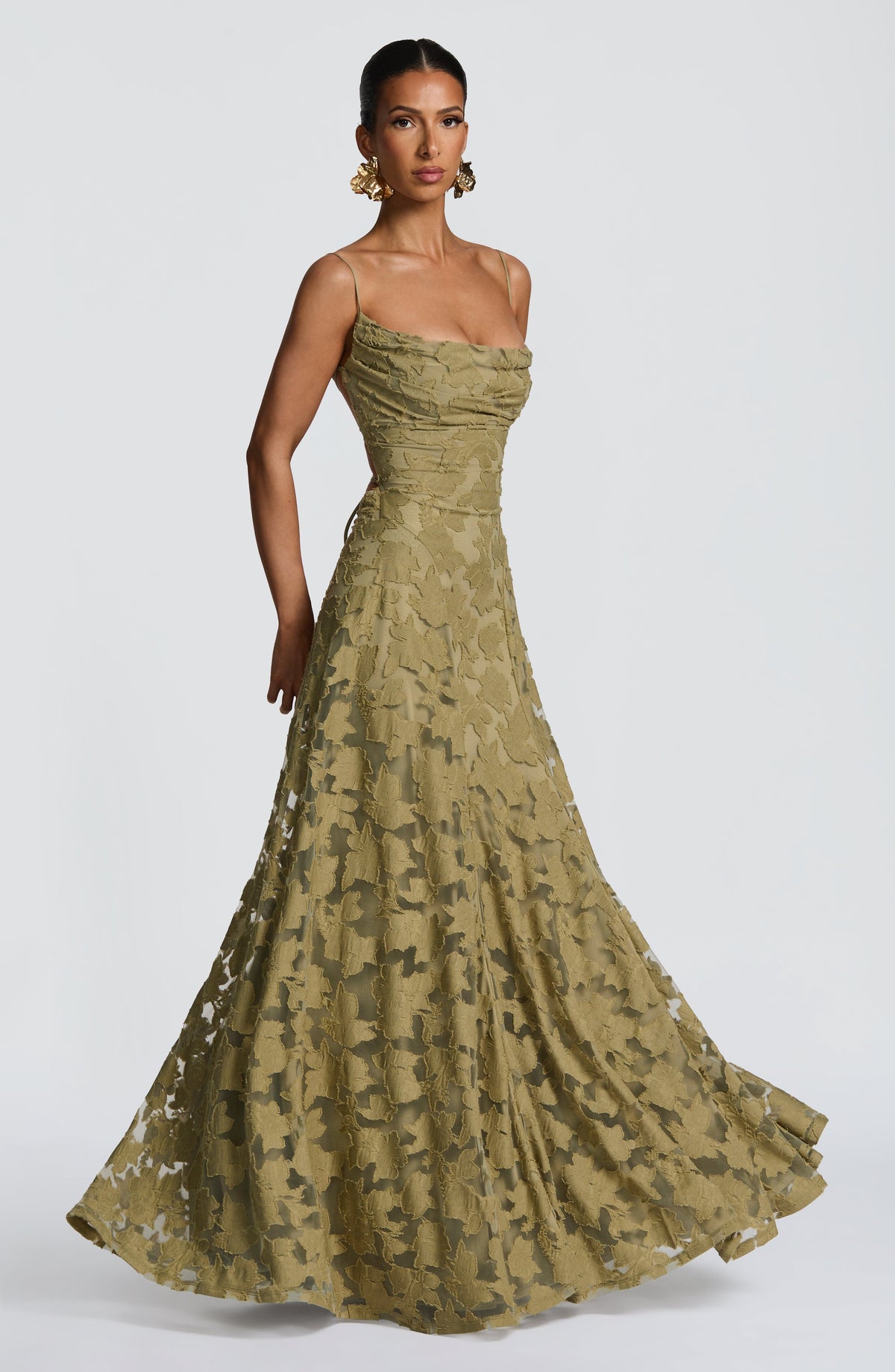 Spaghetti Strap Square Neck Floral Burnout A-Line Floor-Length Gown