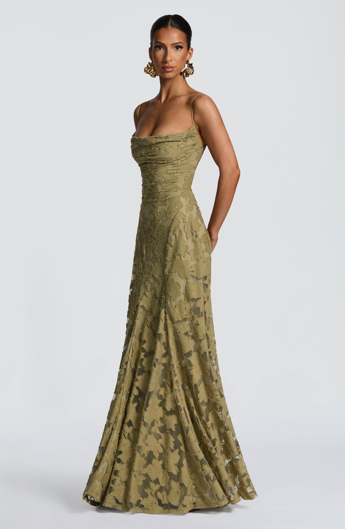 Spaghetti Strap Square Neck Floral Burnout A-Line Floor-Length Gown