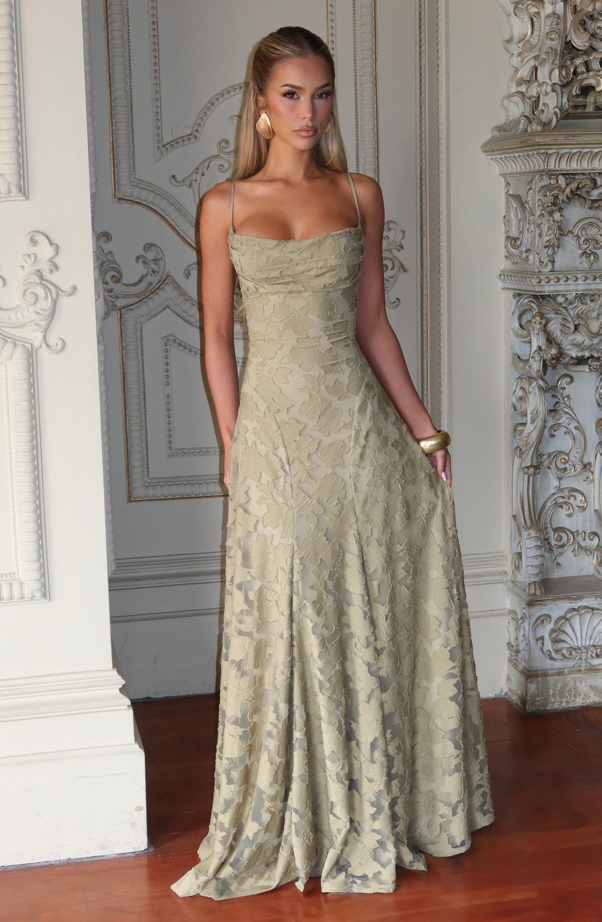 Spaghetti Strap Square Neck Floral Burnout A-Line Floor-Length Gown