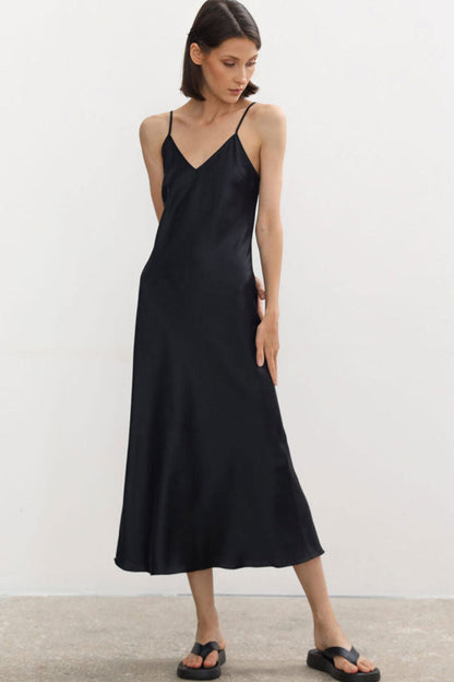 Satin Deep V Neck Spaghetti Strap Bias Cut Slip Midi Dress