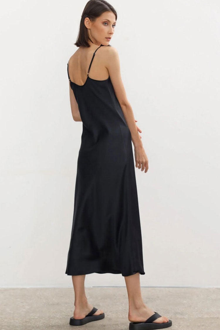 Satin Deep V Neck Spaghetti Strap Bias Cut Slip Midi Dress