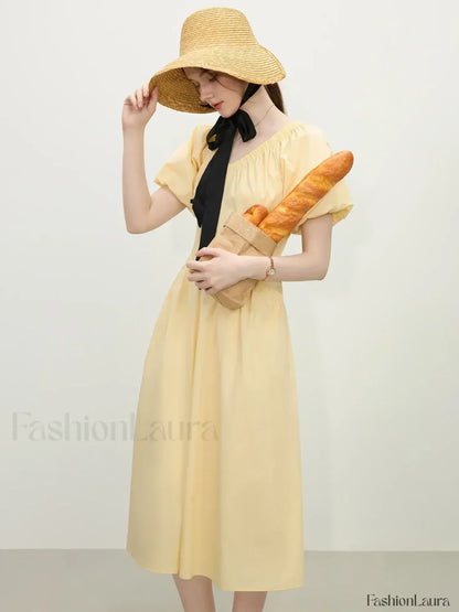 Yellow Waist-slim Midi Dress