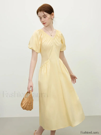Yellow Waist-slim Midi Dress