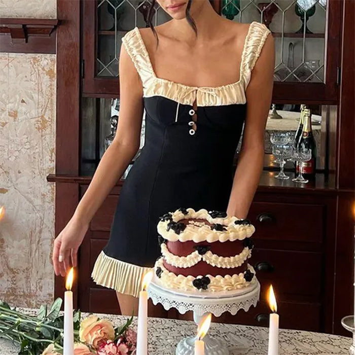 Contrast Satin Ruffle Trim Square Neck Bustier Mini Dress