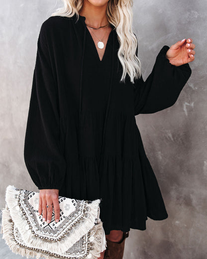 V-Neck Long Sleeve Bishop Cuff Tiered Babydoll Mini Dress