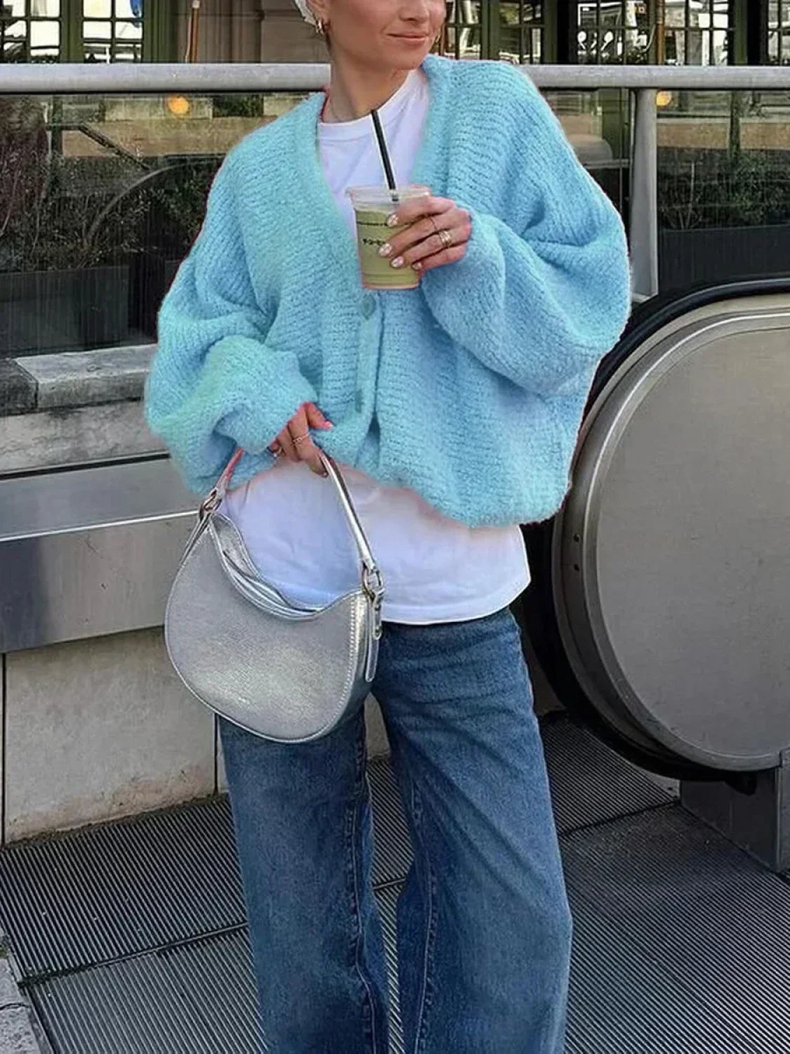 Fuzzy V-neck Button-front Cardigan