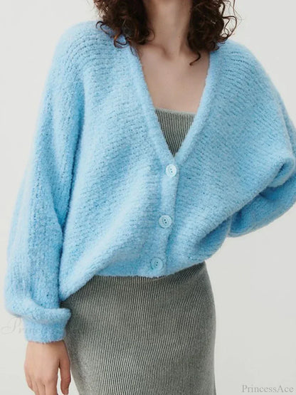 Fuzzy V-neck Button-front Cardigan