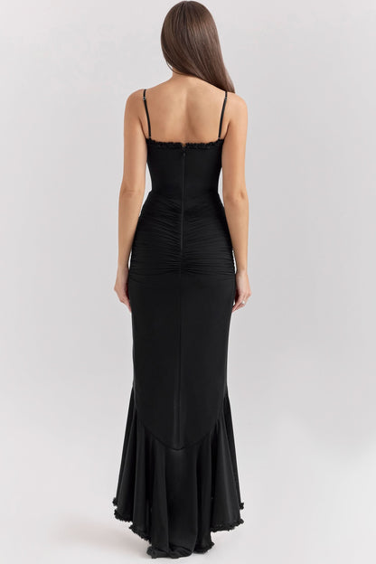 Spaghetti Strap Sweetheart Ruched Cascading Ruffle Front Slit Maxi Gown