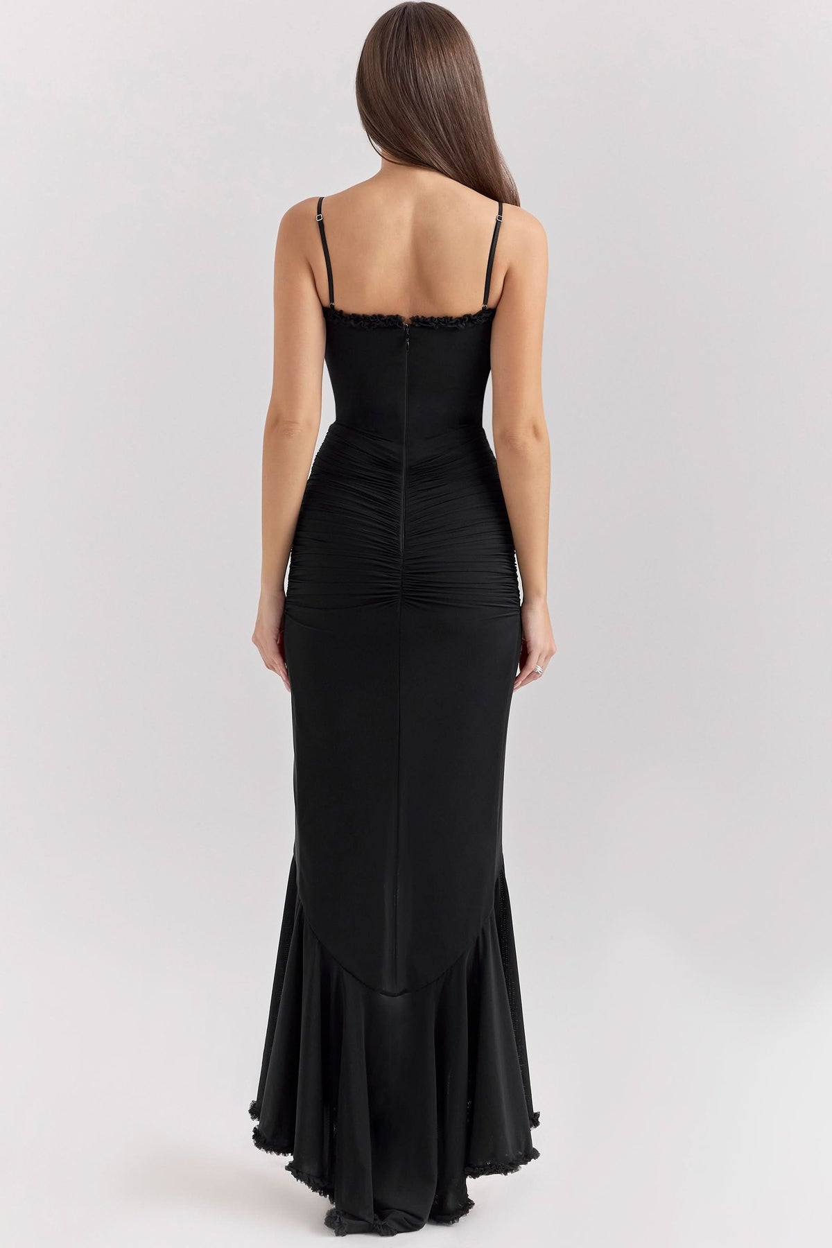 Sweetheart Spaghetti Strap Ruched Cascade Ruffle Maxi Dress