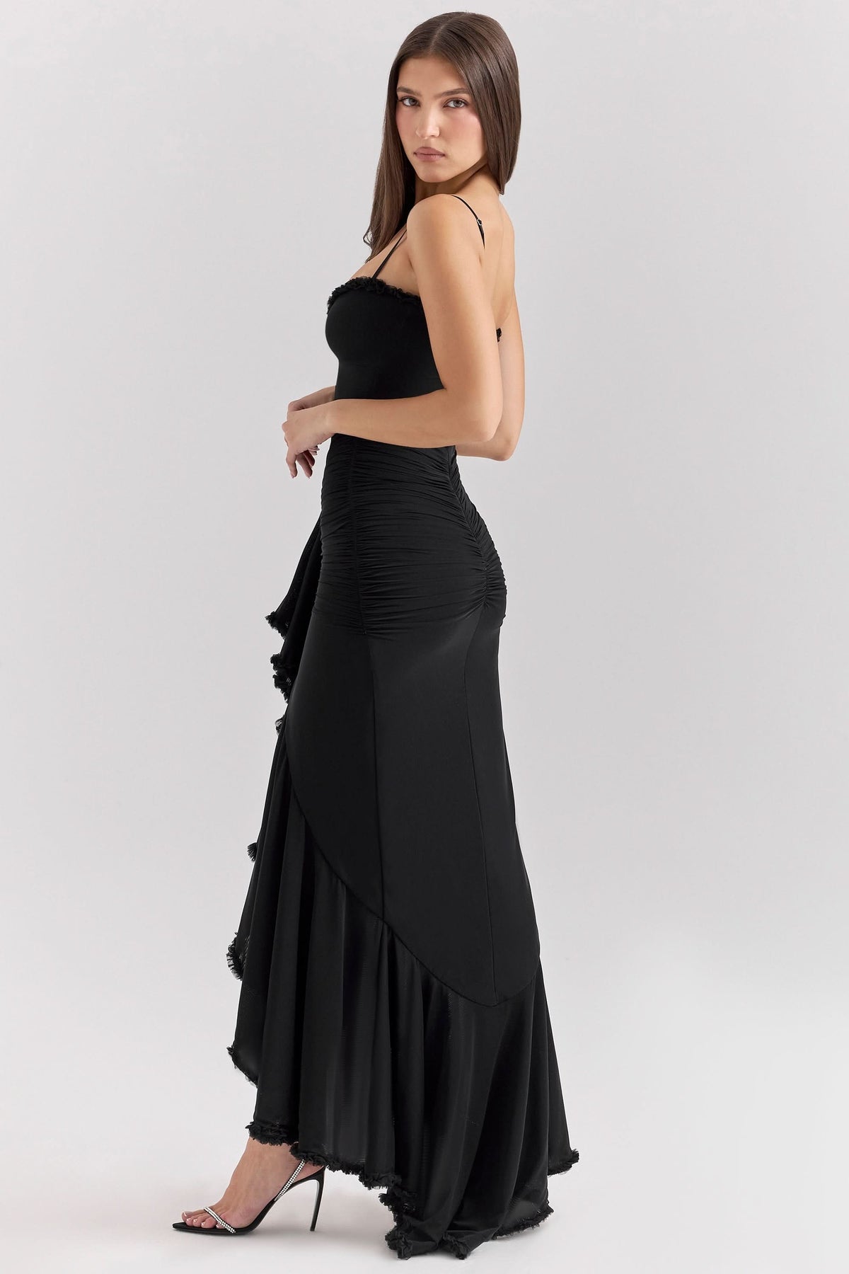 Sweetheart Spaghetti Strap Ruched Cascade Ruffle Maxi Dress