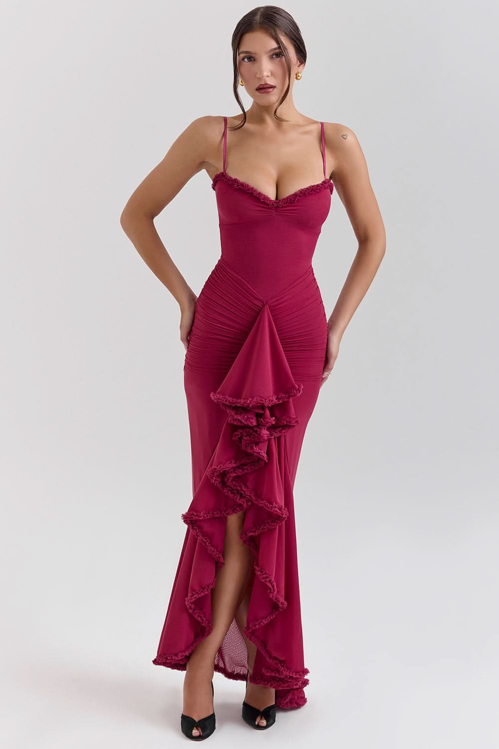 Sweetheart Spaghetti Strap Ruched Cascade Ruffle Maxi Dress