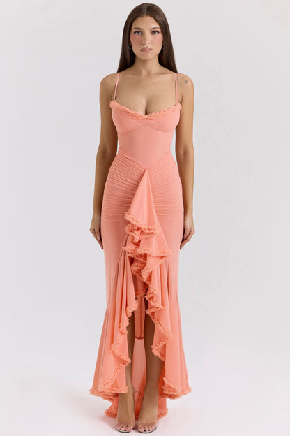 Sweetheart Spaghetti Strap Ruched Cascade Ruffle Maxi Dress